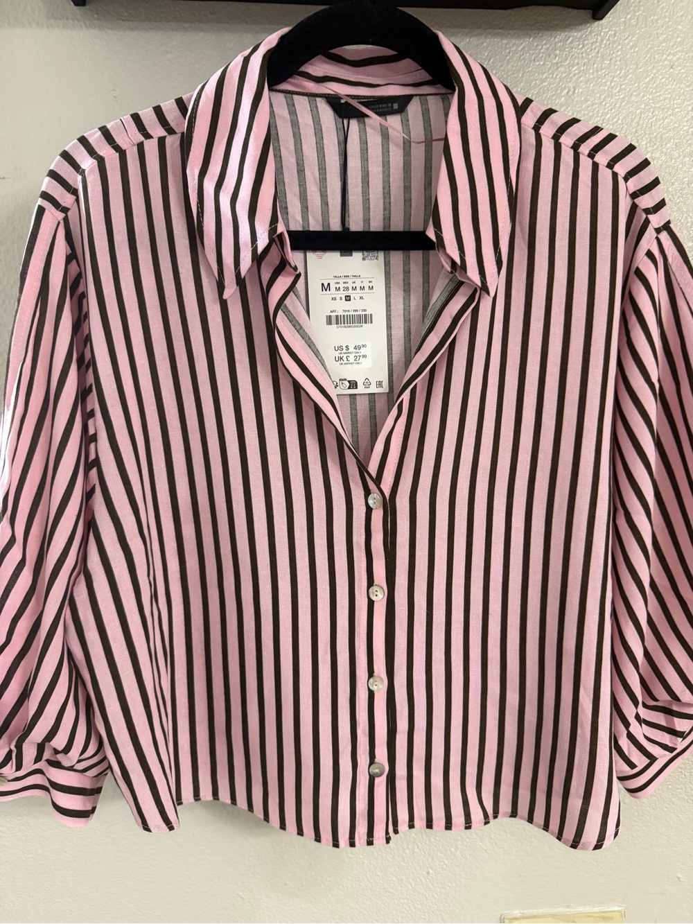 Zara Pink Striped Balloon Sleeve Button Front Shirt Blouse M NWT - Picture 10 of 11